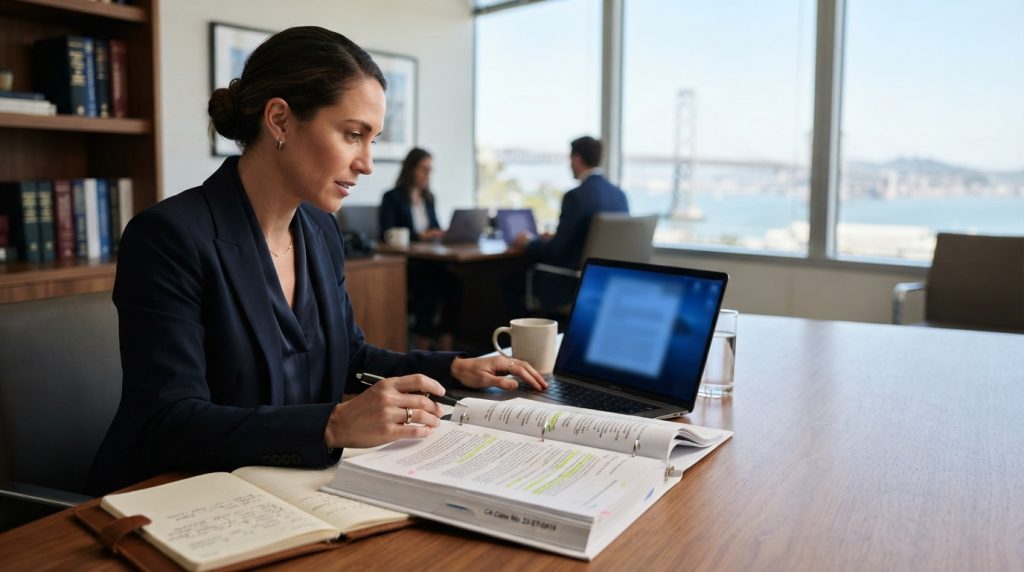 California lawyer reviewing AI-assisted legal research in 2026
